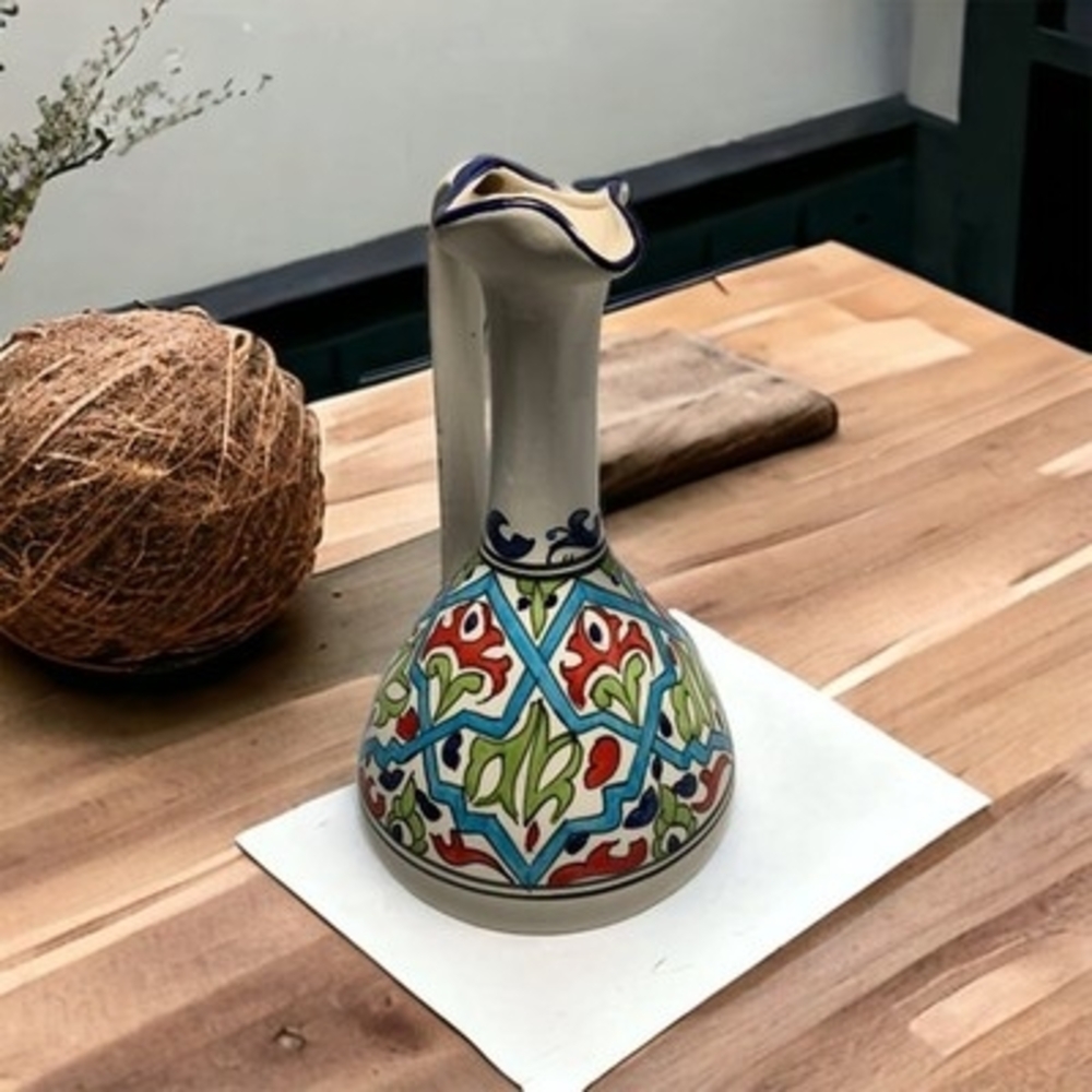 Unique Vintage Hand Painted Art Pottery Pitcher 10" Ceramic Farmhouse Vase EXC